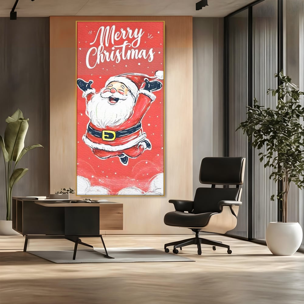 Tablou canvas cu ilustratie cu mos craciun zambind, in rama de aluminiu auriu, pe perete intr-un birou